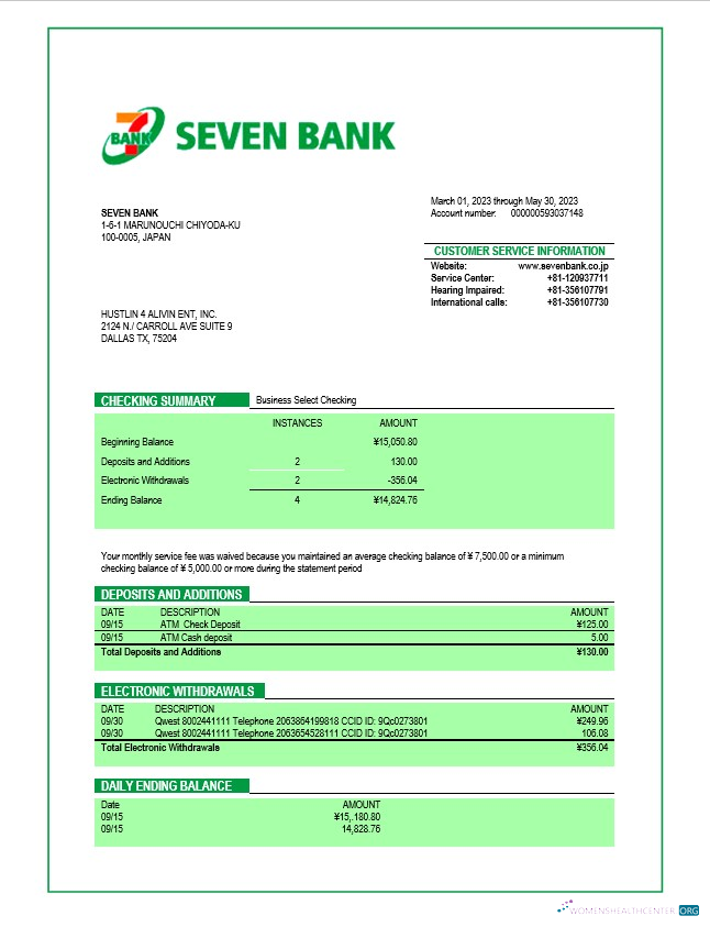 Download Seven Bank company checking account statement Word and PDF template Photoshop template